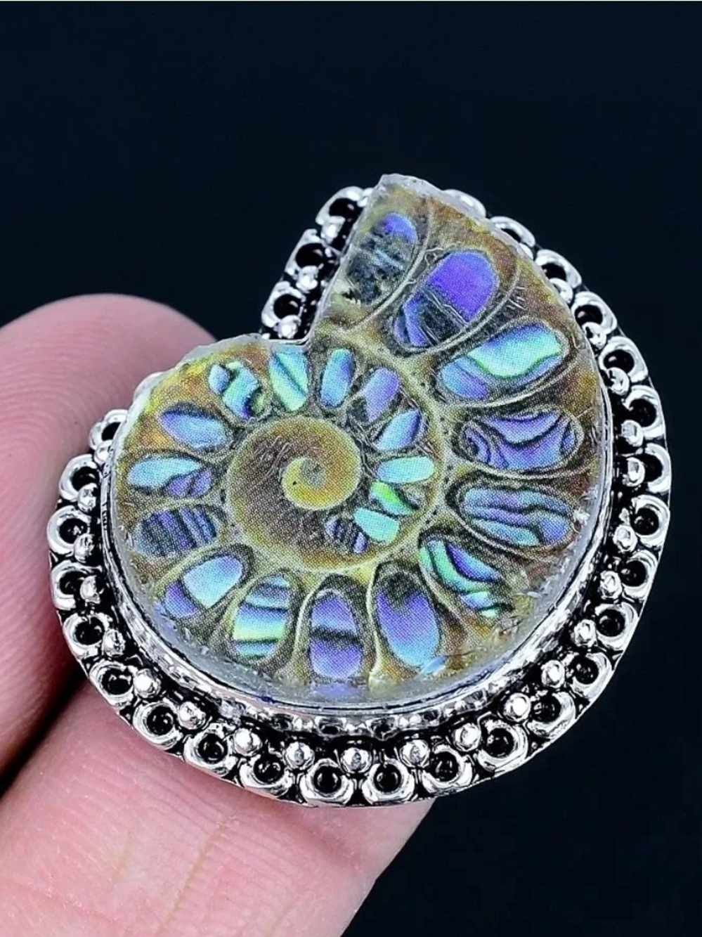 Handmade Titanium Ammonite Abalone Shell Statement Ring 925 Silver Size 8 NWOT